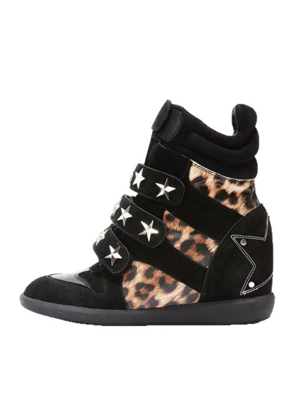 Black and Leopard Wedge Sneaker with Star Stud Straps